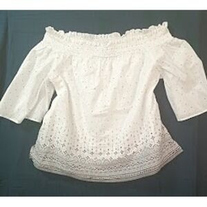 PLUS 14/16 LANE BRYANT off shoulder 3/4 sleeve blouse white black 100% cotton